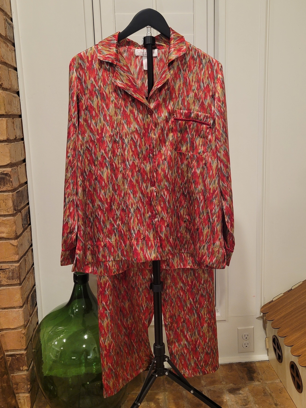 Vintage Oscar de la Renta Pink Label Red Multi-Print Satin Pajama Set